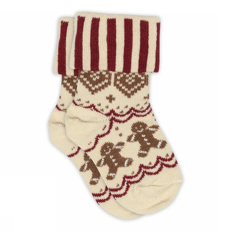 Merry Socks – Katoenen kinderkerstsokken – Kerstpatroon en gestreepte omslagboord – MP Denmark