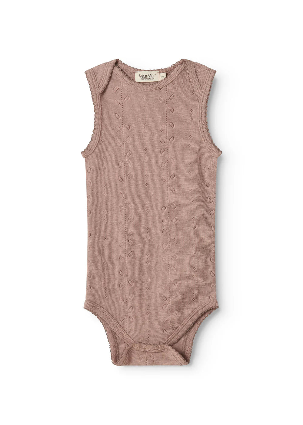 Mouwloze merinowollen romper - Bini Wool Pointelle - Burnt Rose - MarMar Copenhagen - voorkant
