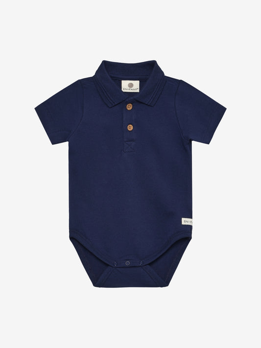 Short Sleeve Polo Romper - Organic Cotton - Medieval Blue - En Fant