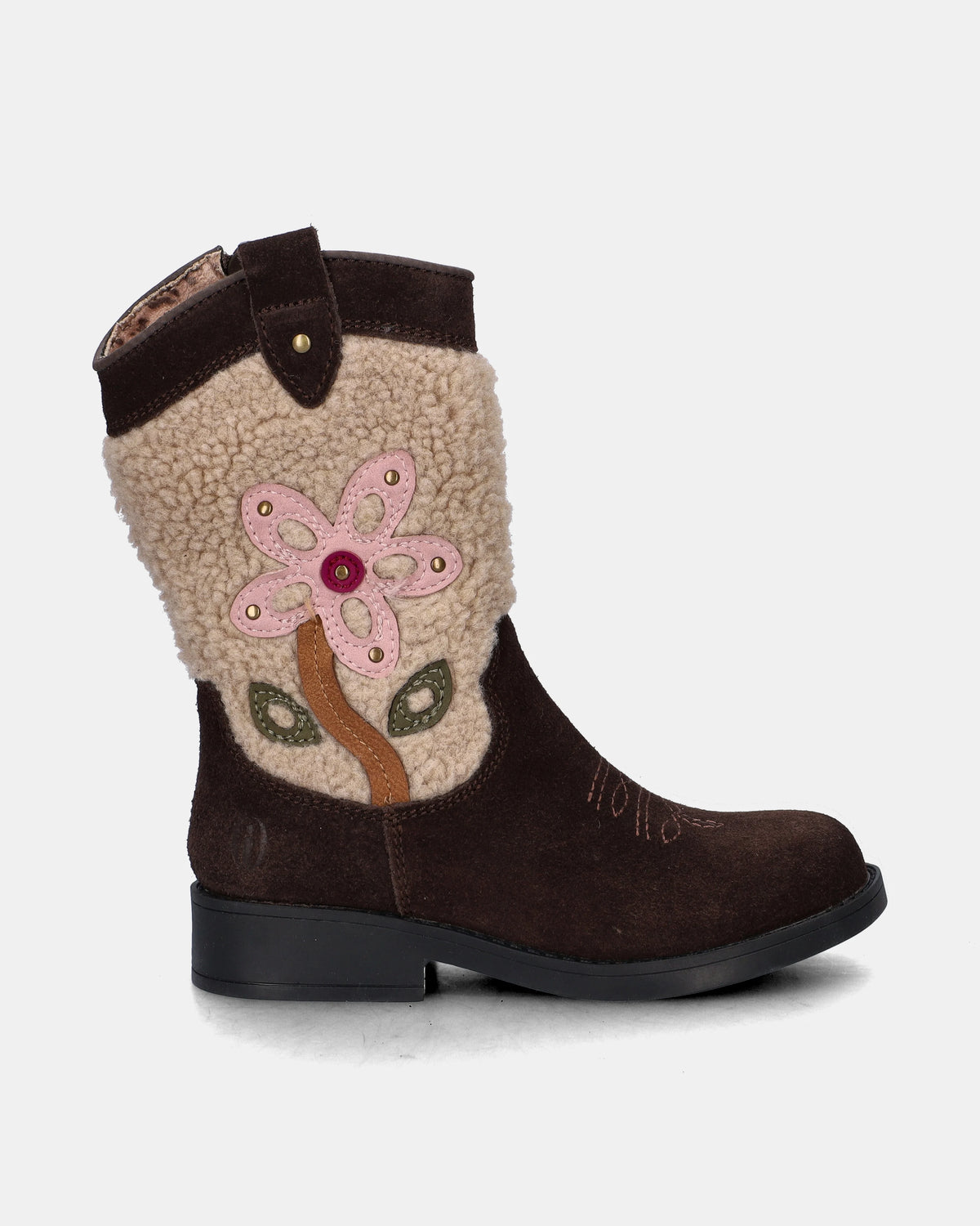 Cowboylaars – Donkerbruin met bloem – Suède & teddy – Shoesme