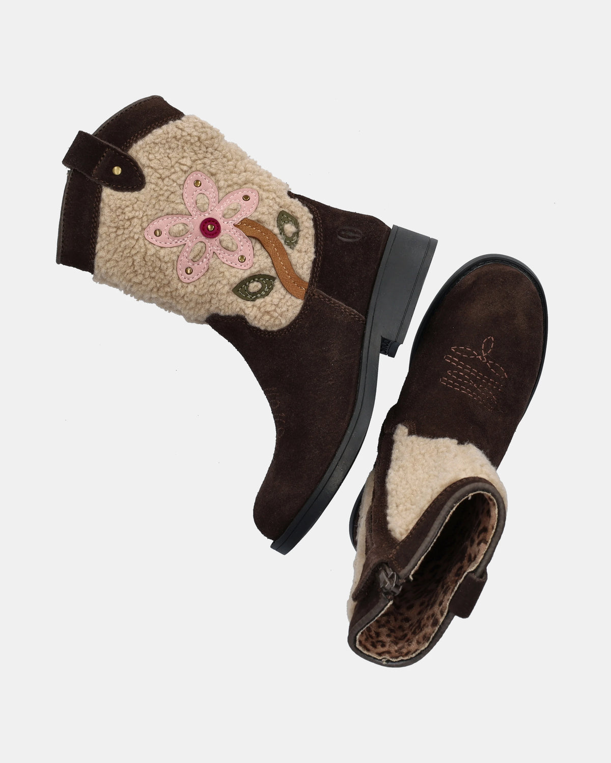 Cowboylaars – Donkerbruin met bloem – Suède & teddy – Shoesme