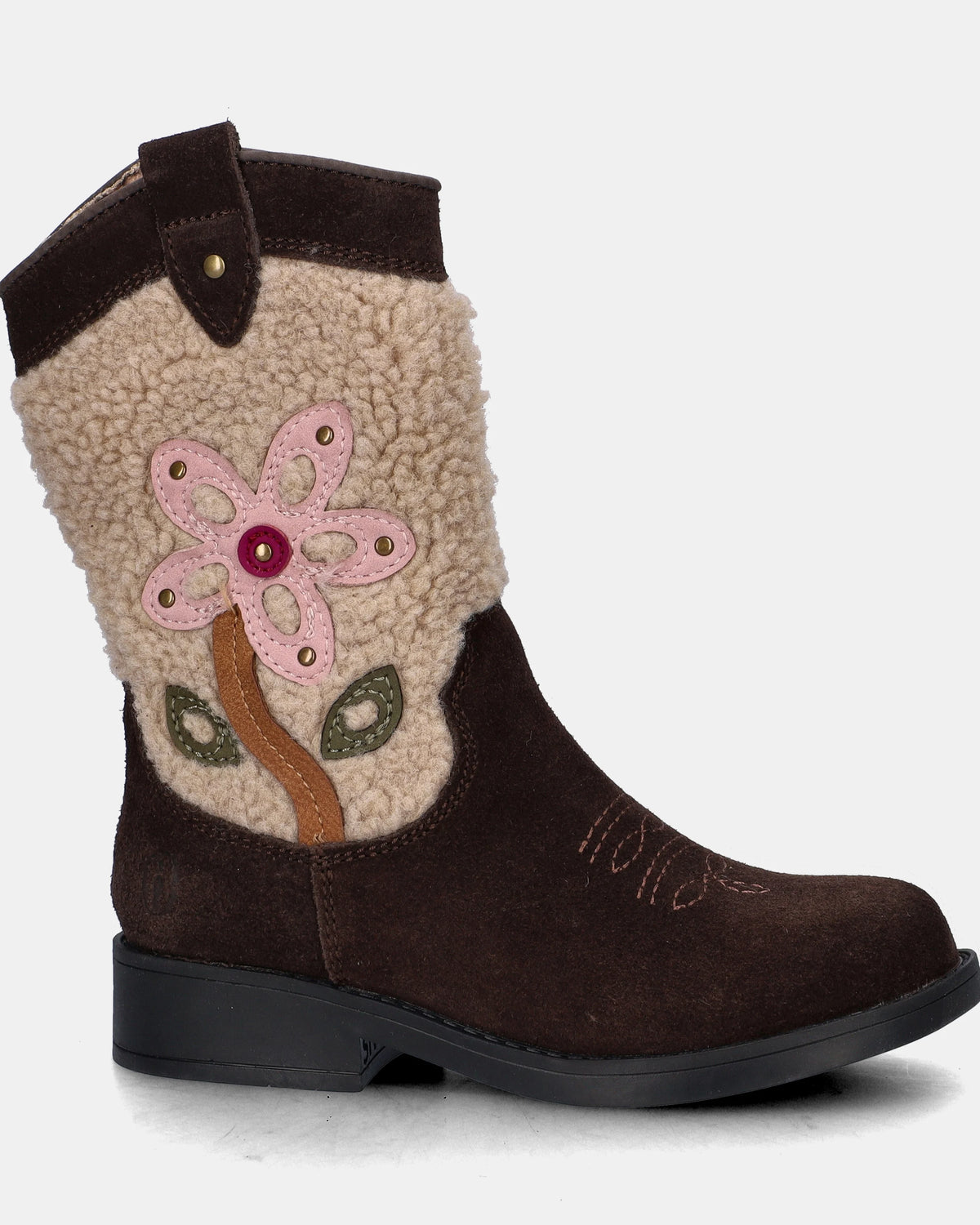 Cowboylaars – Donkerbruin met bloem – Suède & teddy – Shoesme