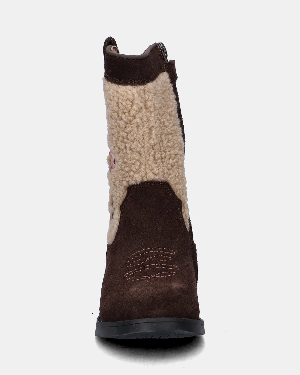 Cowboylaars – Donkerbruin met bloem – Suède & teddy – Shoesme