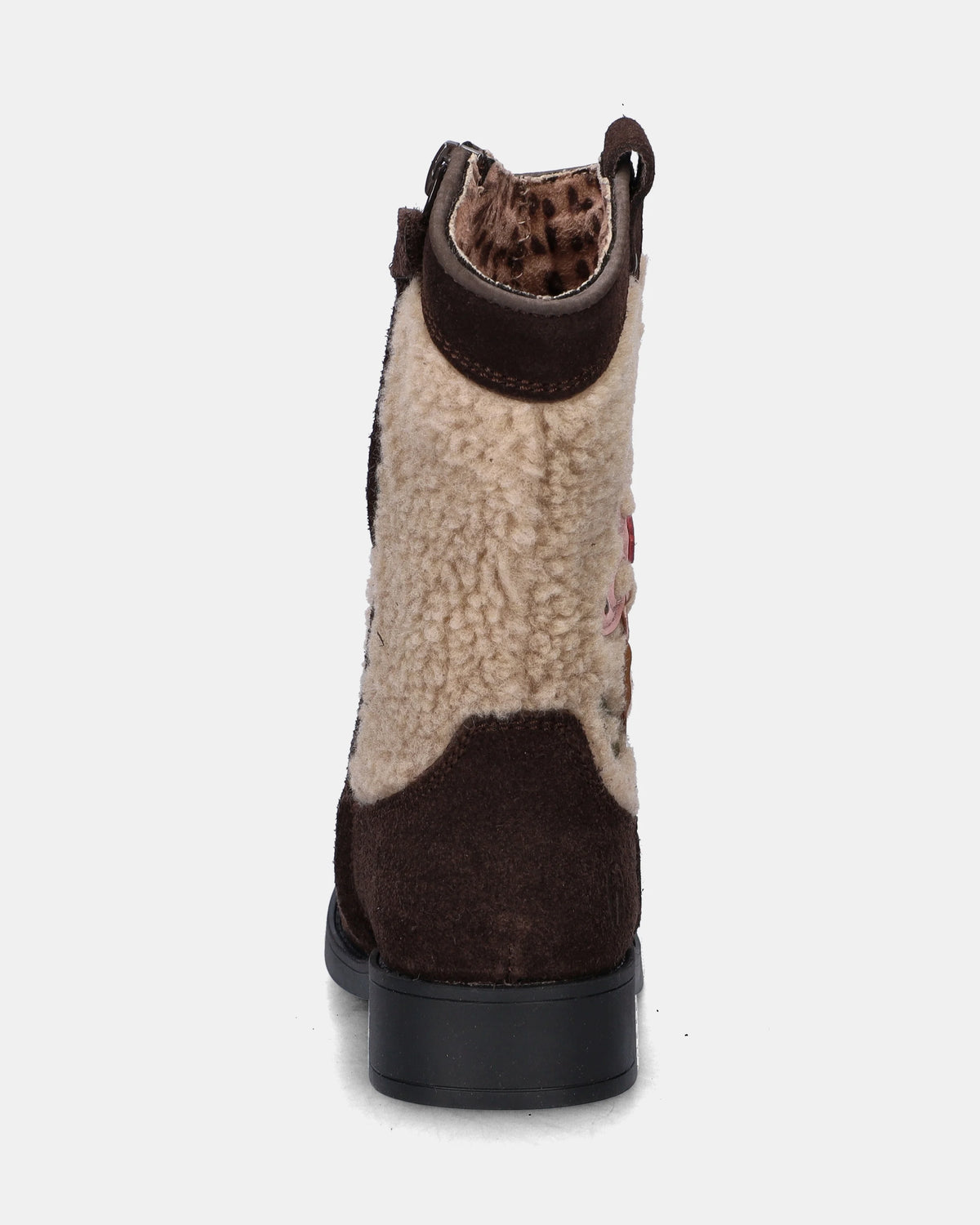 Cowboylaars – Donkerbruin met bloem – Suède & teddy – Shoesme