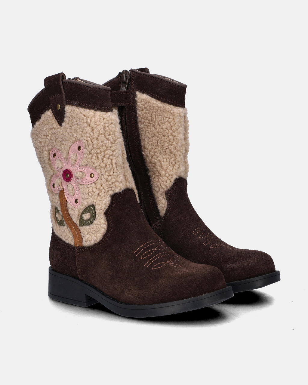 Cowboylaars – Donkerbruin met bloem – Suède & teddy – Shoesme