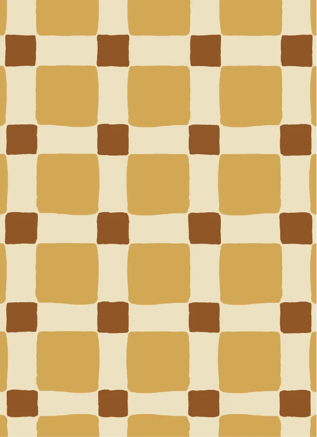 Geblokt Quilt Okergeel – Atelier Chien: detail van het behangpatroon.