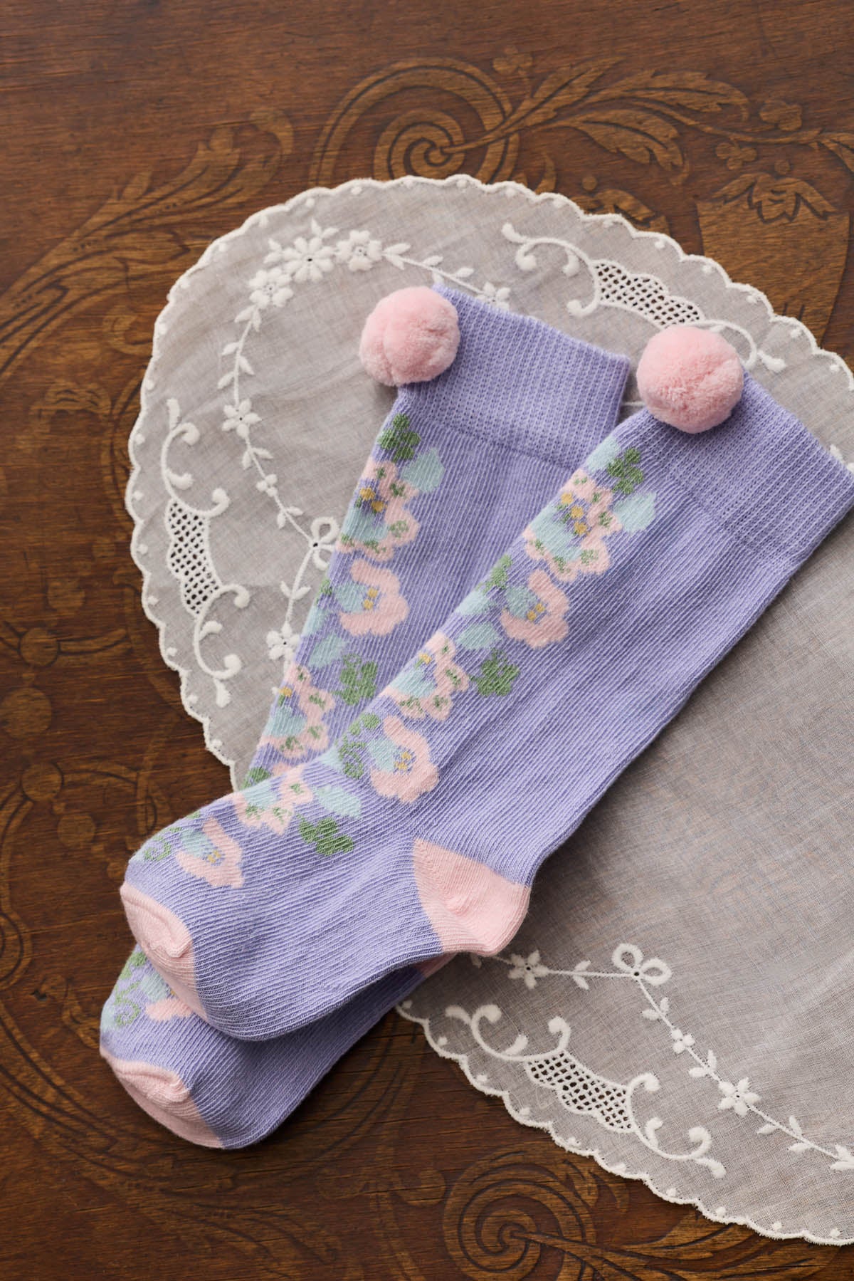 Kniekousen Chelie met pompons - Katoenmix - Parme - Louise Misha