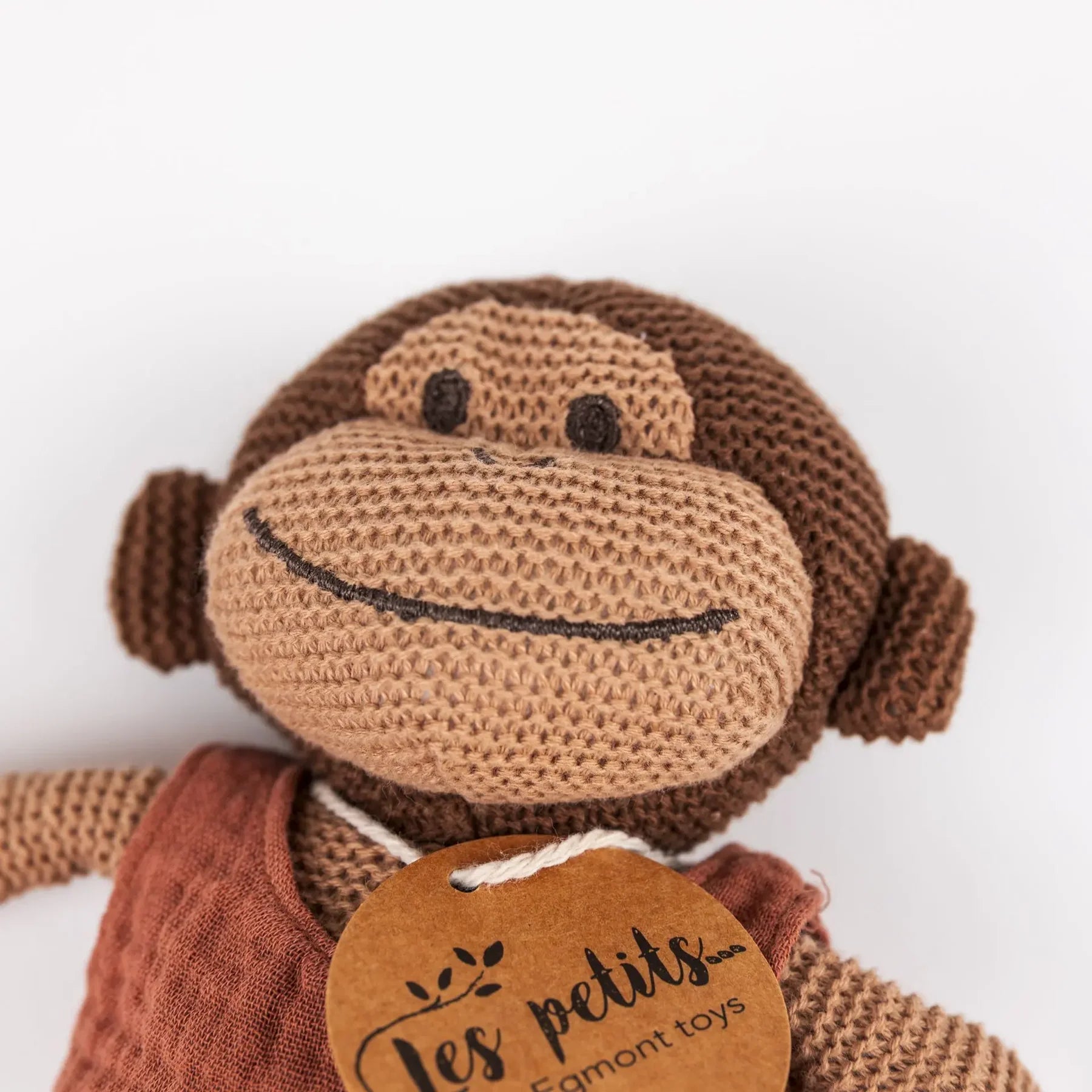 Paulo de gebreide aap - katoenen knuffel met rammelaar - Egmont Toys close up hoofd