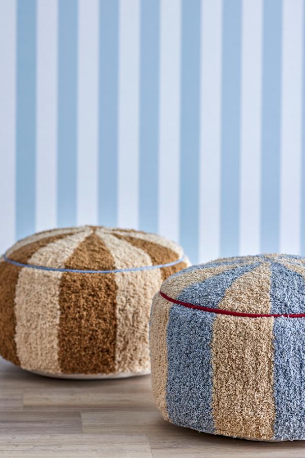 Charoline Pouf Multi – Bloomingville MINI: two striped poufs next to each other.
