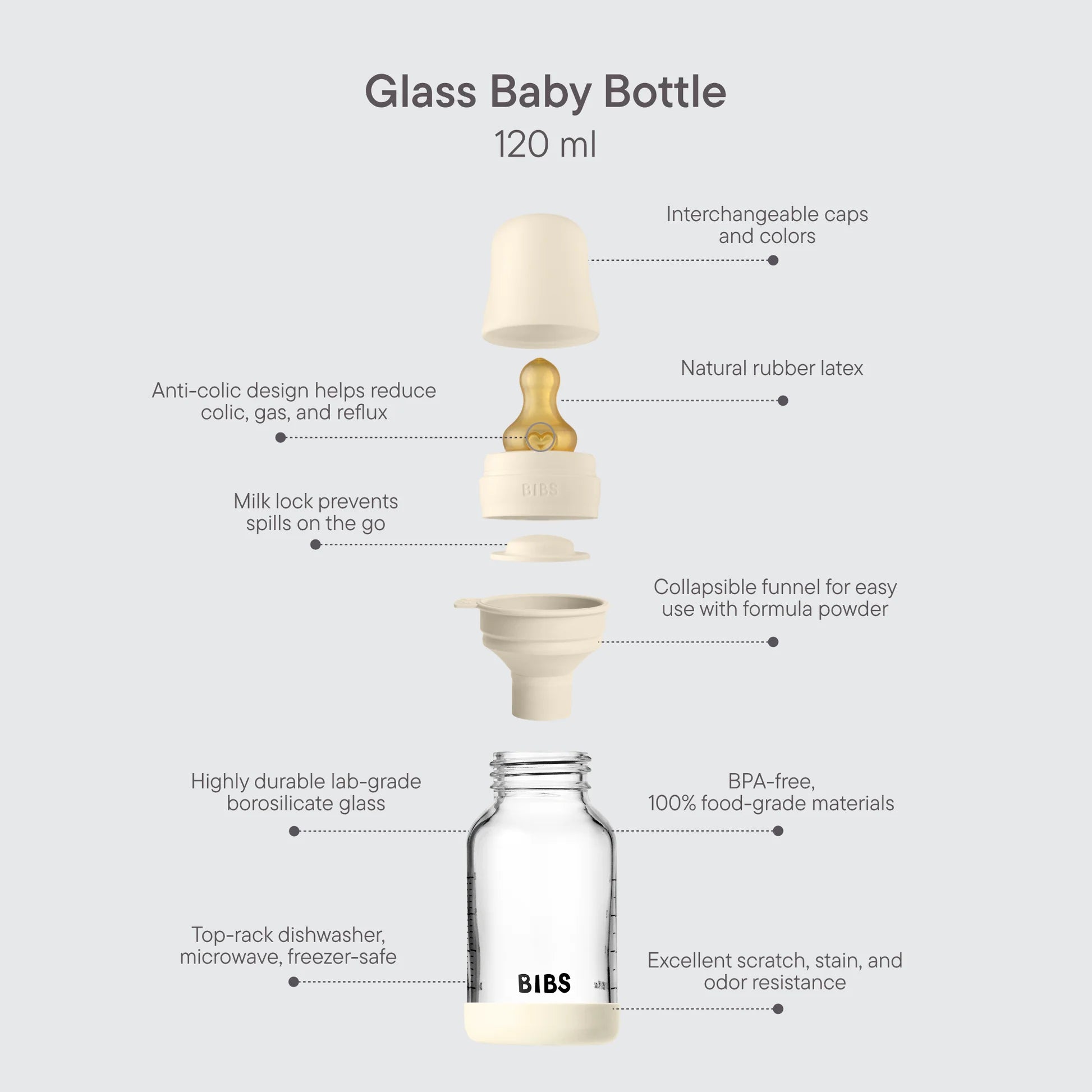 Babyfles van glas - Latex/Natuurrubber - Ivory - 120 ml of 240 ml - BIBS - productfoto - afbeelding 4