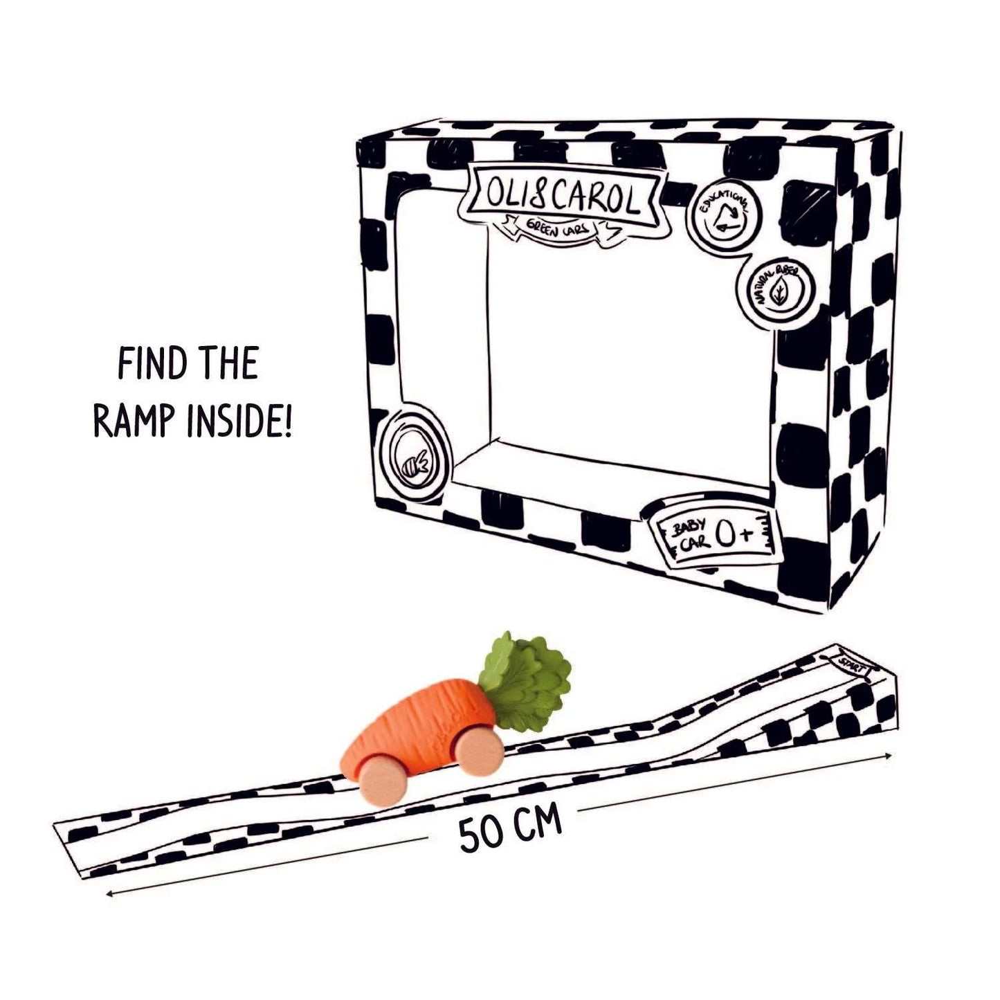 Speelgoedauto Cathy the Carrot met garage & racebaan - 0+ jaar - Natuurrubber & FSC-hout - Oli&Carol