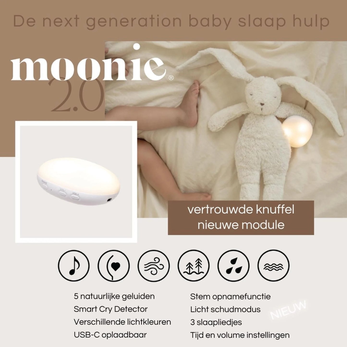 Knuffelkonijn met hartslag & white noise - The Humming Bunny 2.0 - Biologisch GOTS katoen - Moonie