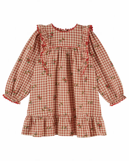 Geruit jurkje met bloemenborduursel – Roodbruin - Robe Vichy Volant/Broderie – Emile et Ida