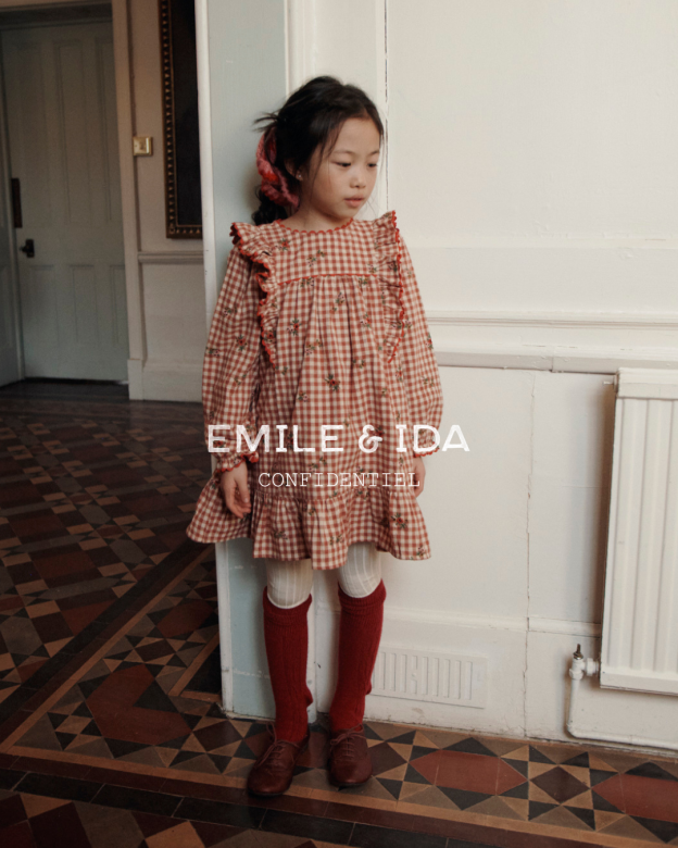 Geruit jurkje met bloemenborduursel – Roodbruin - Robe Vichy Volant/Broderie – Emile et Ida
