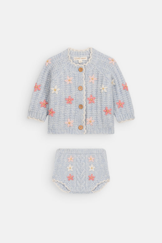 Ensemble Mony haut et bas – Ensemble bébé tricoté bleu clair – Mélange de Tencel et d’alpaga – Louise Misha