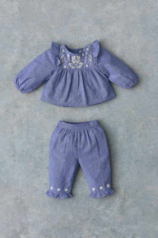 Ensemble Mikani haut et bas – Light Blue Denim – 100 % coton biologique – Louise Misha