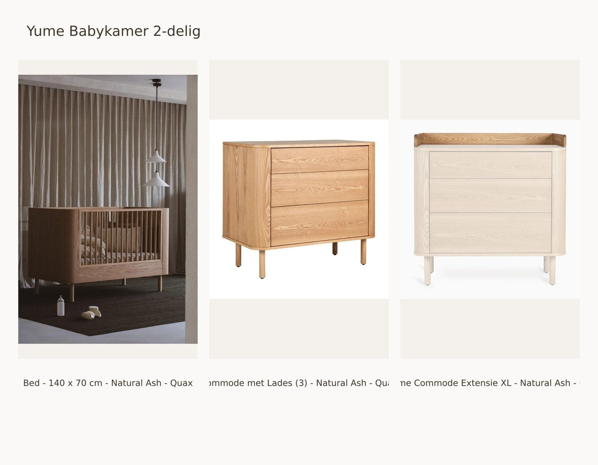 Chambre bébé 2 pièces Quax Yume – Natural Ash – 140 × 70 – Commode à tiroirs – avec extension XL – avec barrière de sécurité : ensemble comprenant Lit - 140 x 70 cm - Natural Ash - Quax, Commode à tiroirs (3) - Natural Ash - Quax, & Extension XL pour commode Yume - Natural Ash - Quax.