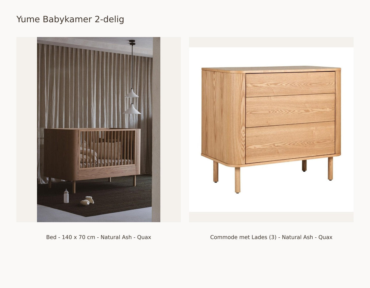 Quax Yume Babyzimmer 2-teilig – Natural Ash – 140 × 70 – Wickelkommode mit Schubladen – mit Rausfallschutz und Junior-Kit: Set mit Babybett – 140 x 70 cm – Natural Ash – Quax, Wickelkommode mit Schubladen (3) – Natural Ash – Quax.