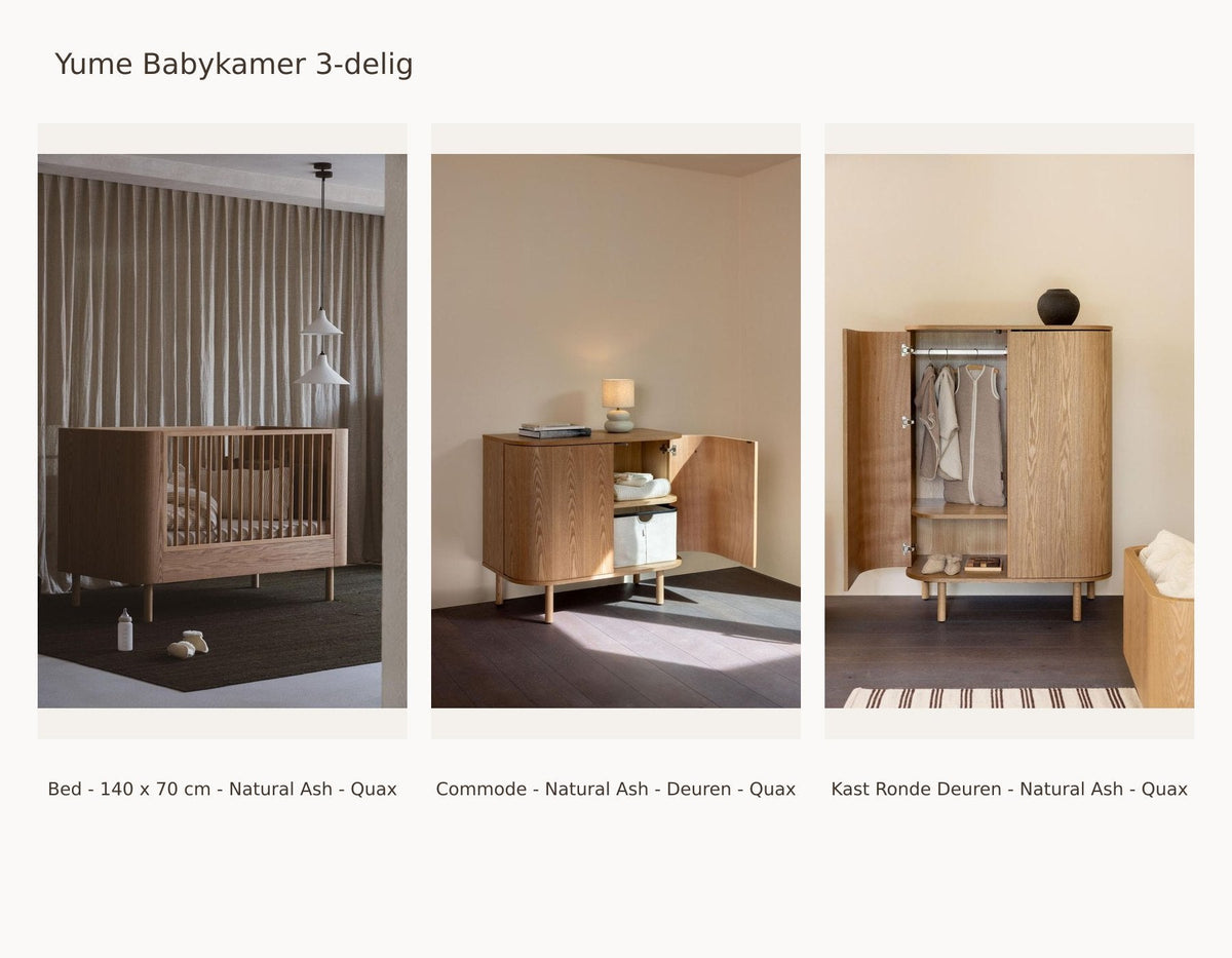 Quax Yume Babykamer 3-delig – Natural Ash – 140 × 70 – Commode deuren – Kledingkast ronde deuren – met juniorkit: set met Bed - 140 x 70 cm - Natural Ash - Quax, Commode - Natural Ash - Deuren - Quax, Kast Ronde Deuren - Natural Ash - Quax.