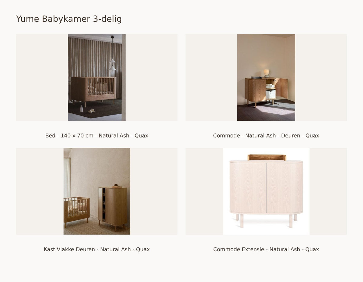 Quax Yume Babyzimmer 3-teilig – Natural Ash – 140 × 70 – Kommode Türen – Kleiderschrank flache Türen – mit Wickelaufsatz – mit Rausfallschutz: Set mit Bett - 140 x 70 cm - Natural Ash - Quax, Kommode - Natural Ash - Türen - Quax, Schrank flache Türen - Natural Ash - Quax, Wickelaufsatz - Natural Ash - Quax.