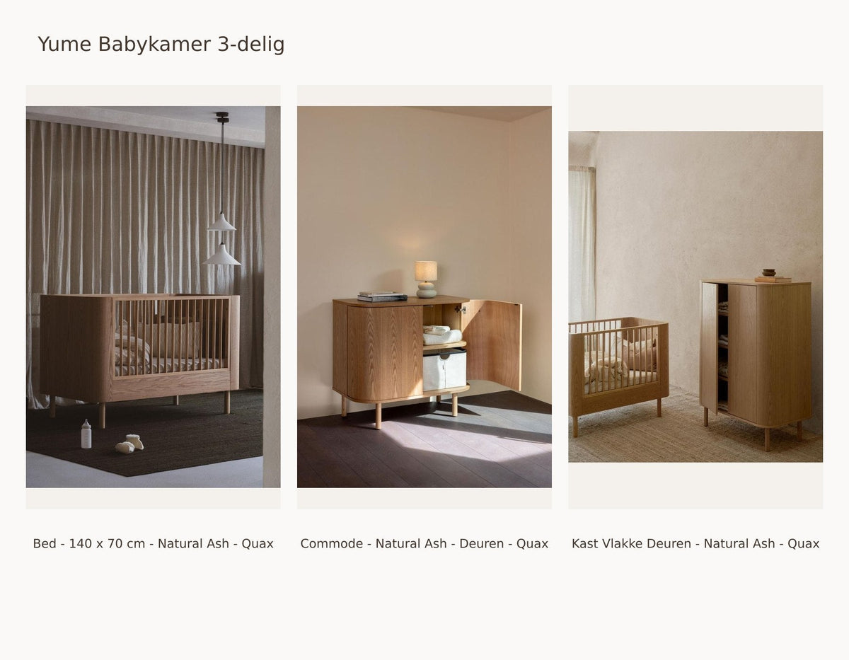 Quax Yume Nursery Furniture Set 3-Piece – Natural Ash – 140 × 70 – Dresser Doors – Wardrobe Plain Doors – with Toddler Bed Rail: set with Crib / Toddler Bed - 140 x 70 cm - Natural Ash - Quax, Dresser - Natural Ash - Doors - Quax, Wardrobe Plain Doors - Natural Ash - Quax.