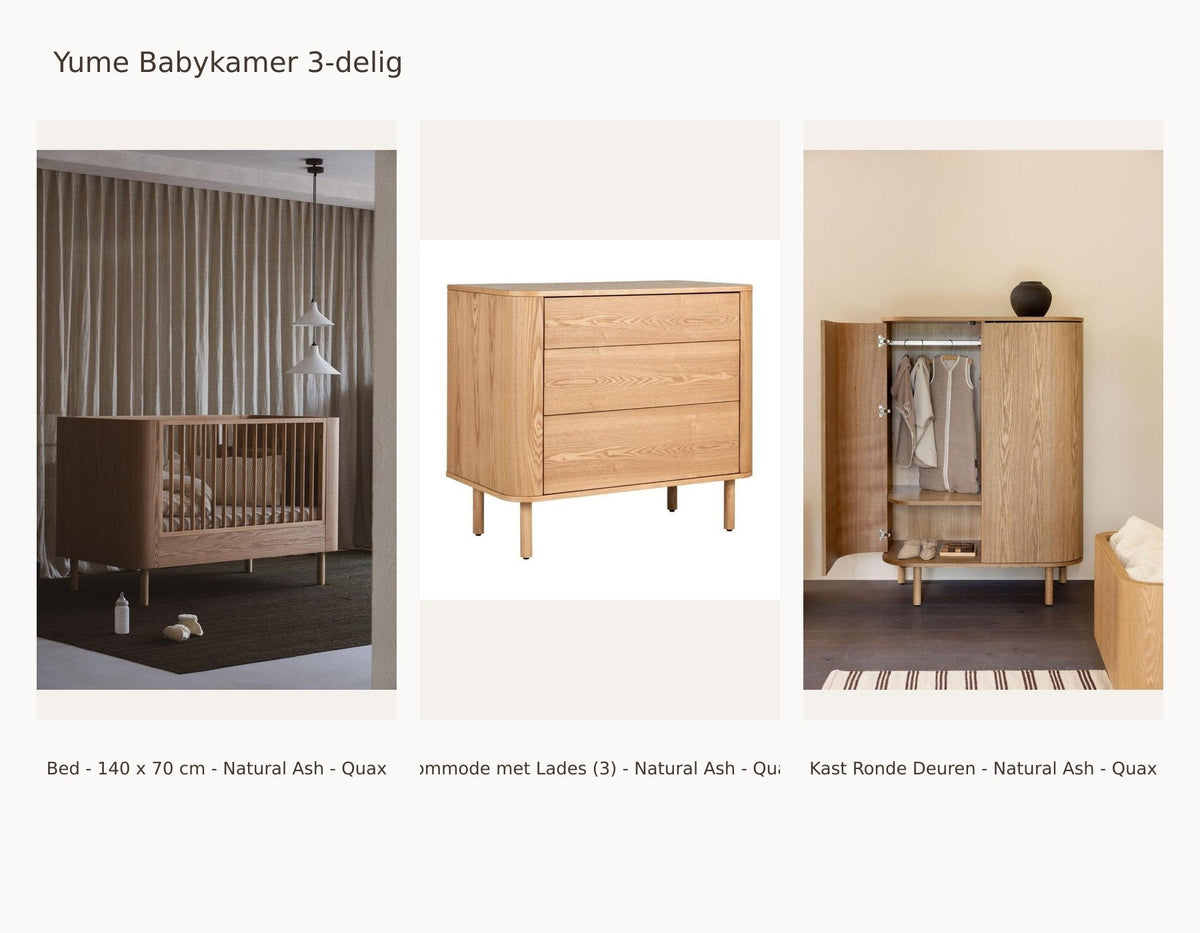 Quax Yume Nursery Set 3-Piece – Natural Ash – 140 × 70 – Dresser with drawers – Wardrobe with rounded doors – with toddler kit: set including Crib - 140 x 70 cm - Natural Ash - Quax, Dresser with Drawers (3) - Natural Ash - Quax, Wardrobe Rounded Doors - Natural Ash - Quax.