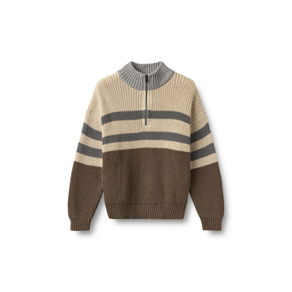 Half zip trui Simo - Dry Wood - Biologisch katoen - Wheat  voor
