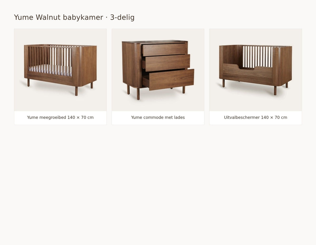 Quax Yume Walnut babykamer: samenstelling van 2 delig walnut 140 70 commode met lades uitvalbeschermer